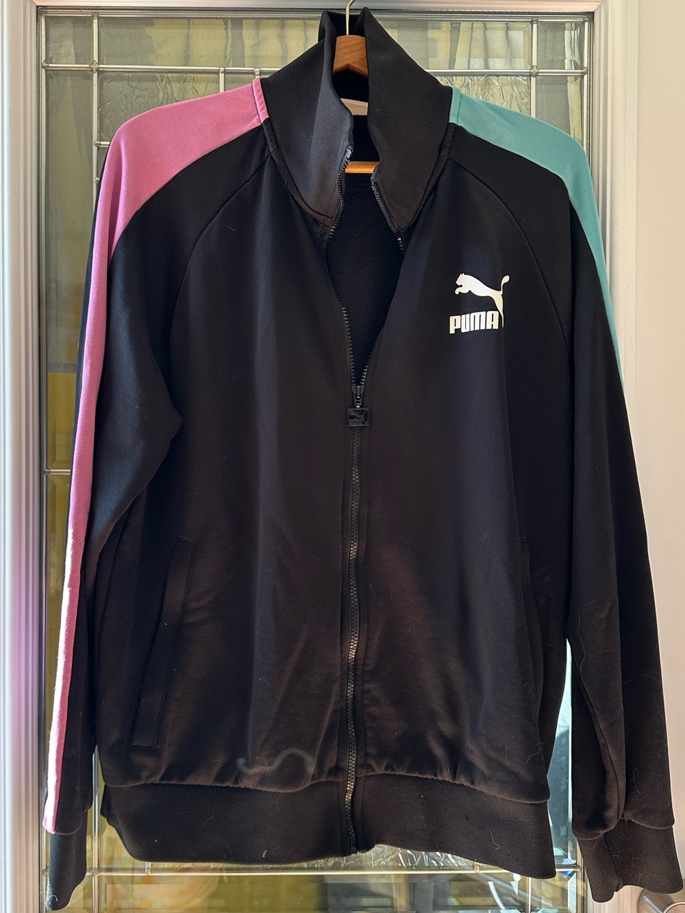 Puma Men's iconic SWXP T7 Black Track Jacket with Pink & Teal Shoulder Panels